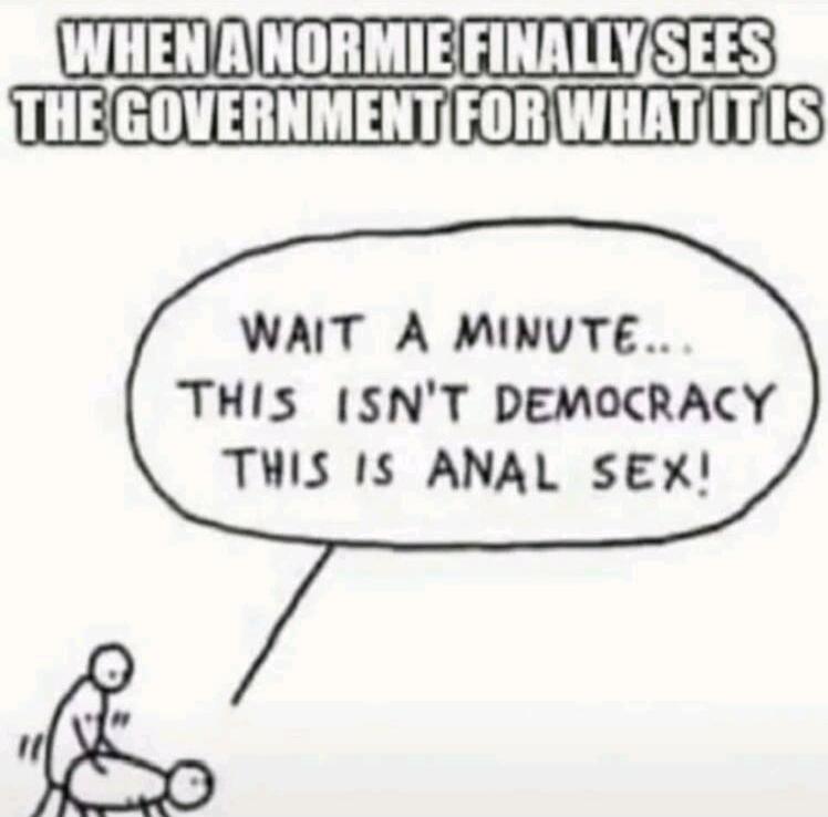 WHEN A NORMIE FINALLY SEES THE GOVERNMENT FOR WHAT IT IS
WAIT A MINUTE... THIS ISN'T DEMOCRACY THIS IS ANAL SEX!
