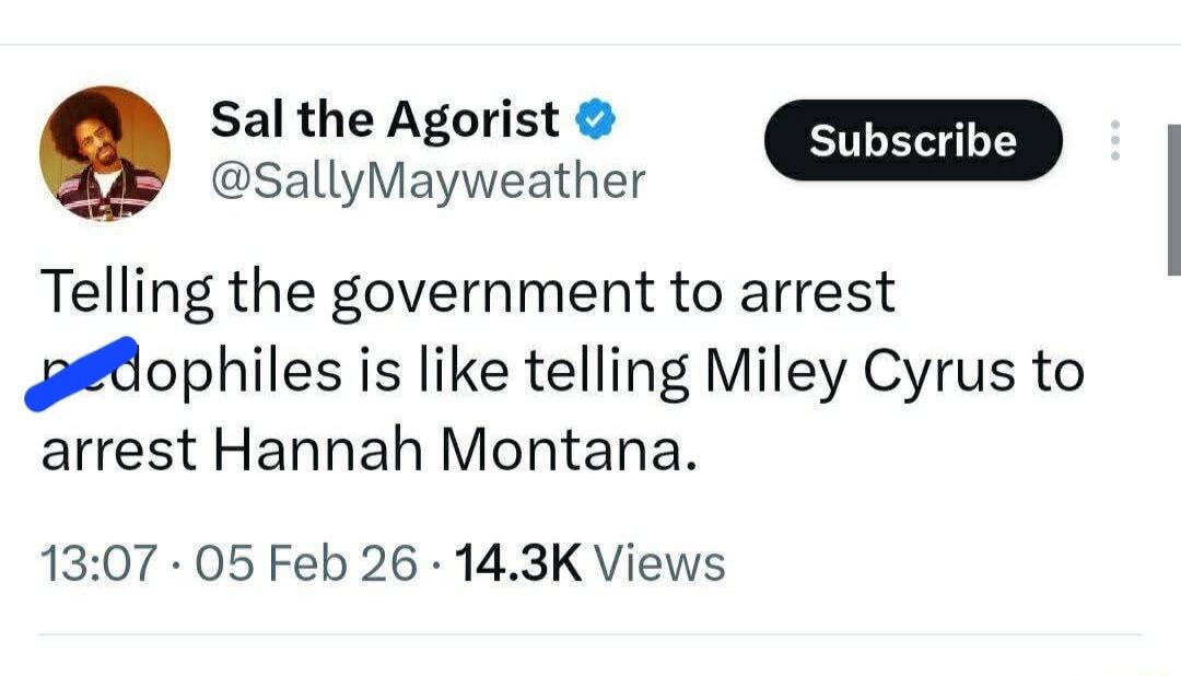 Telling the government to arrest pedophiles is like telling Miley Cyrus to arrest Hannah Montana.