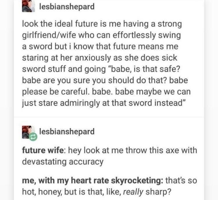 E lesbianshepard look the ideal future is me having a strong girlfriendwife who can effortlessly swing a sword but i know that future means me staring at her anxiously as she does sick sword stuff and going babe is that safe babe are you sure you should do that babe please be careful babe babe maybe we can just stare admiringly at that sword instead lesbianshepard future wife hey look at me throw 