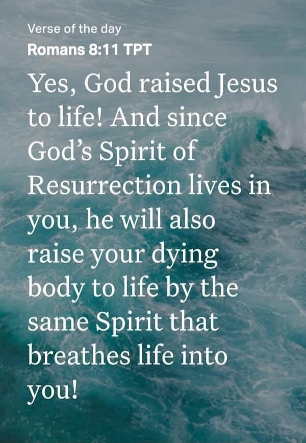 Verse of the day Romans 8:11 TPT Yes, God raised Jesus to life! And since God's Spirit of Resurrection lives in you, he will also raise your dying body to life by the same Spirit that breathes life into you!