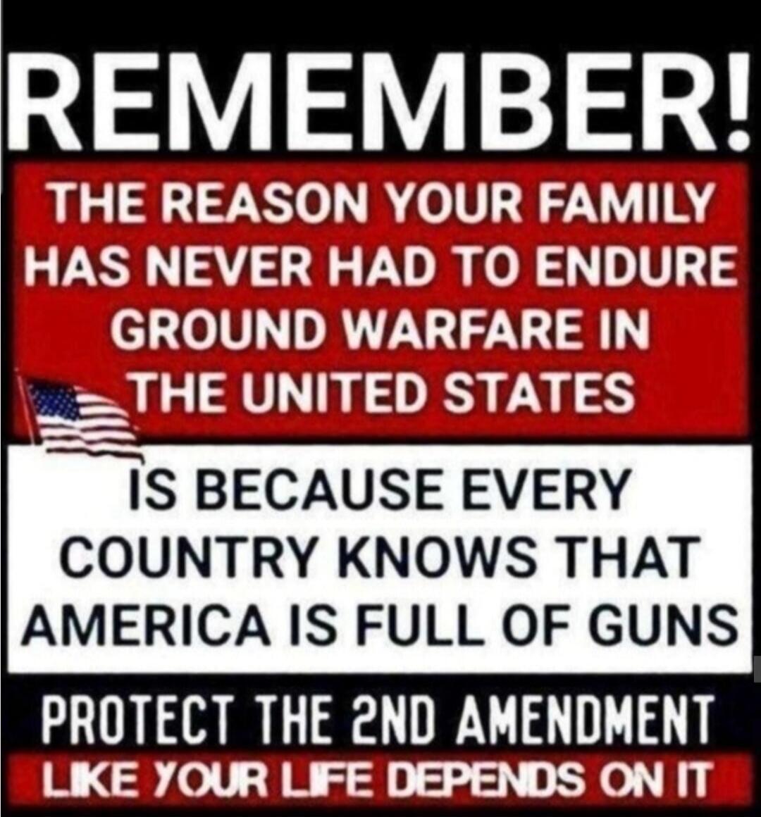 REMEMBER! THE REASON YOUR FAMILY HAS NEVER HAD TO ENDURE GROUND WARFARE IN THE UNITED STATES IS BECAUSE EVERY COUNTRY KNOWS THAT AMERICA IS FULL OF GUNS PROTECT THE 2ND AMENDMENT LIKE YOUR LIFE DEPENDS ON IT