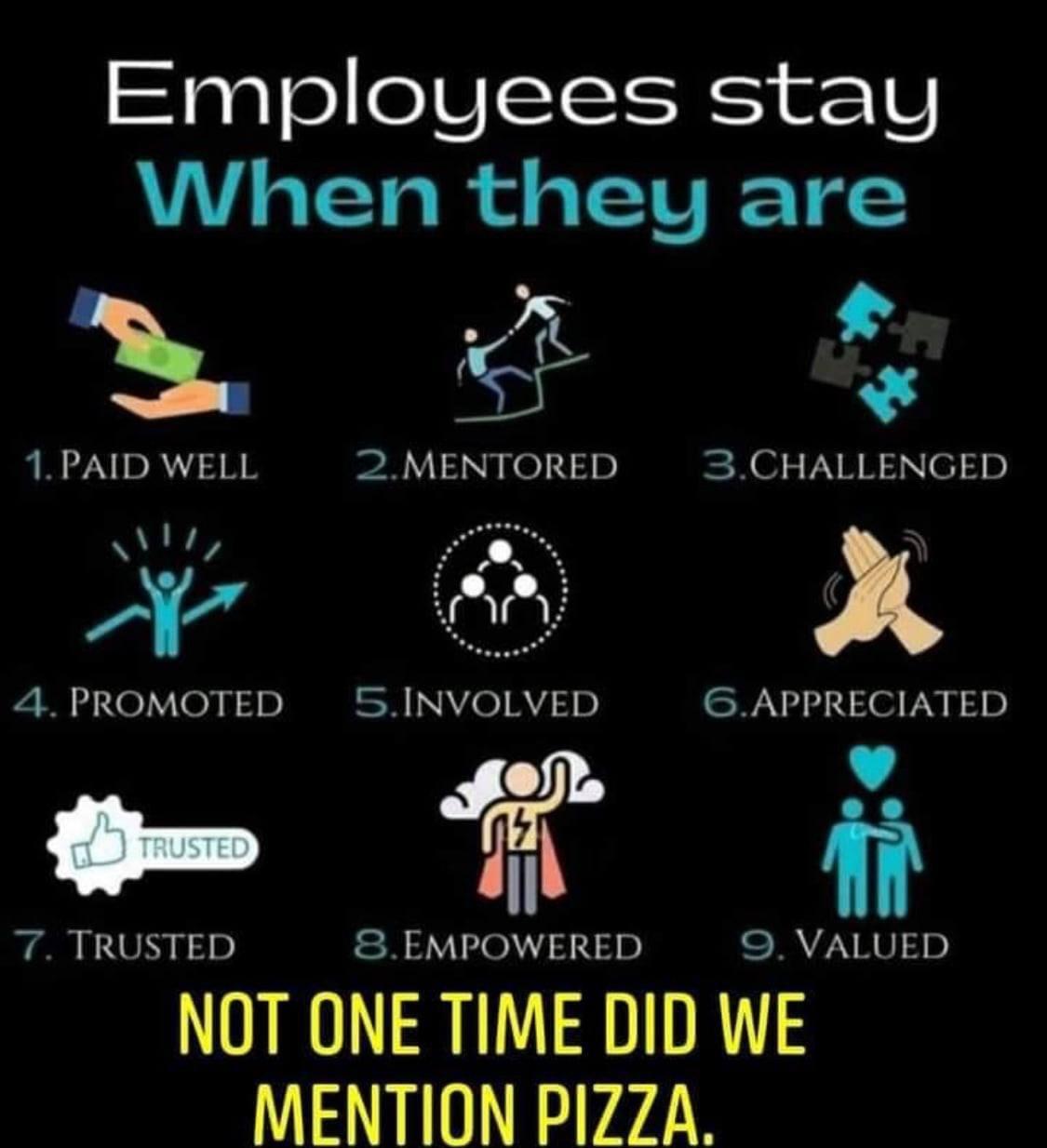 1ageeSSISISES 1V When they are N K 1PAID WELL 2MENTORED 3CHALLENGED P P oy A 4 PROMOTED 5INVOLVED GAPPRECIATED 7 TRUSTED 8EMPOWERED 9 VALUED NOT ONE TIME DID WE MENTION PIZZA