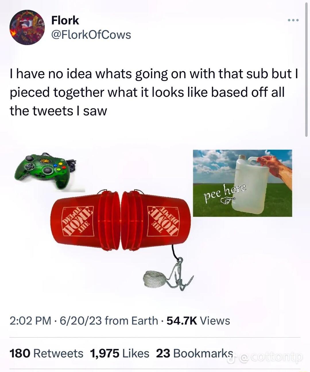 Flork FlorkOfCows I have no idea whats going on with that sub but pieced together what it looks like based off all the tweets saw 202 PM 62023 from Earth 547K Views 180 Retweets 1975 Likes 23 Bookmarks