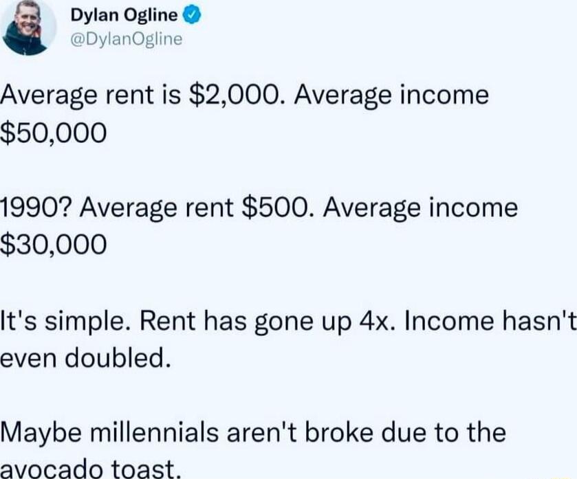 a Dylan Ogline 3DylanOgiin Average rent is 2000 Average income 50000 19907 Average rent 500 Average income 30000 Its simple Rent has gone up 4x Income hasnt even doubled Maybe millennials arent broke due to the avocado toast