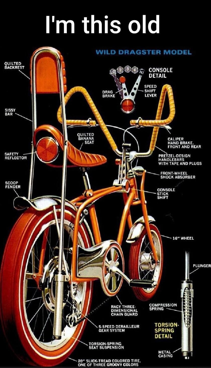 I'm this old. WILD DRAGSTER MODEL. QUILTED BACKREST, SISSY BAR, SAFETY REFLECTOR, SCOOP FENDER, QUILTED BANANA SEAT, DRAG BRAKE, CONSOLE DETAIL, SPEED SHIFT LEVER, CALIPER HAND BRAKE, FRONT AND REAR, PRETZEL-DESIGN HANDLEBARS WITH TAPE AND PLUGS, FRONT-WHEEL SHOCK ABSORBER, CONSOLE STICK SHIFT, 16