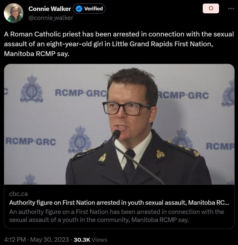 Connie Walker verified ARoman Catholic priest has been arrested in connection with the sexual assault of an eight year old girl in Little Grand Rapids First Nation Manitoba RCMP say Authority figure on First Nation arrested in youth sexual assault Manitoba RC