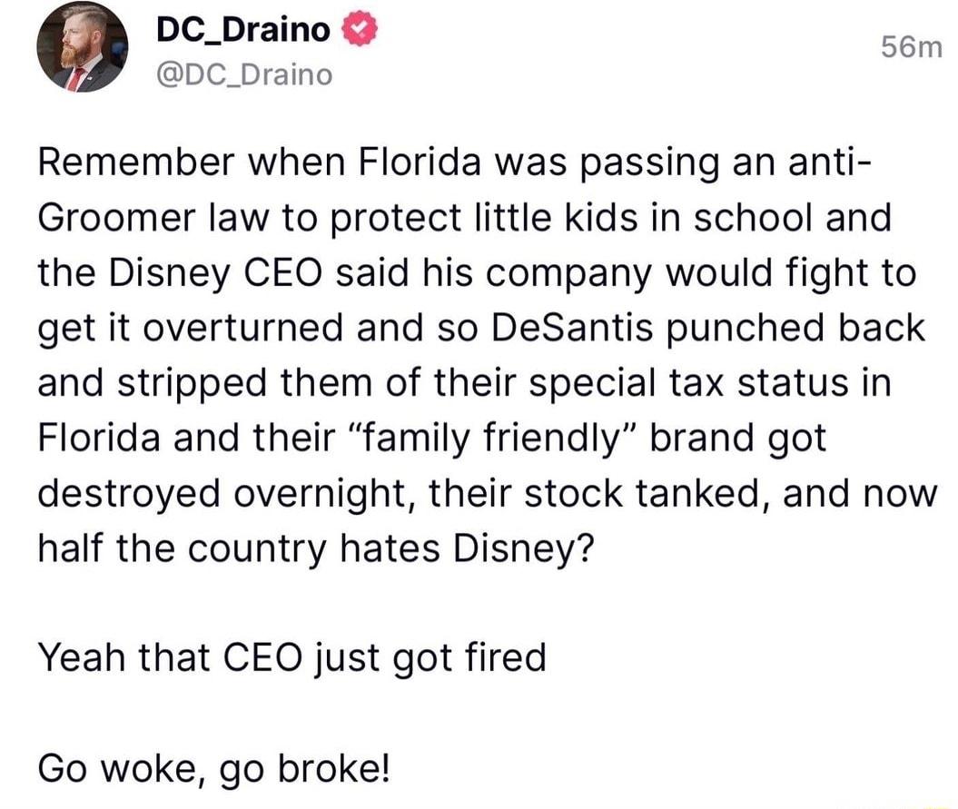 0 DC_Draino s6m DC_Draino Remember when Florida was passing an anti Groomer law to protect little kids in school and the Disney CEO said his company would fight to get it overturned and so DeSantis punched back and stripped them of their special tax status in Florida and their family friendly brand got destroyed overnight their stock tanked and now half the country hates Disney Yeah that CEO just 
