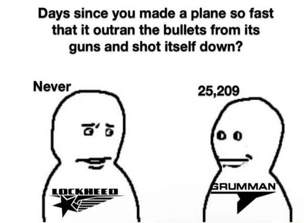 Days since you made a plane so fast that it outran the bullets from its guns and shot itself down? Never. Lockheed. 25,209. Grumman.