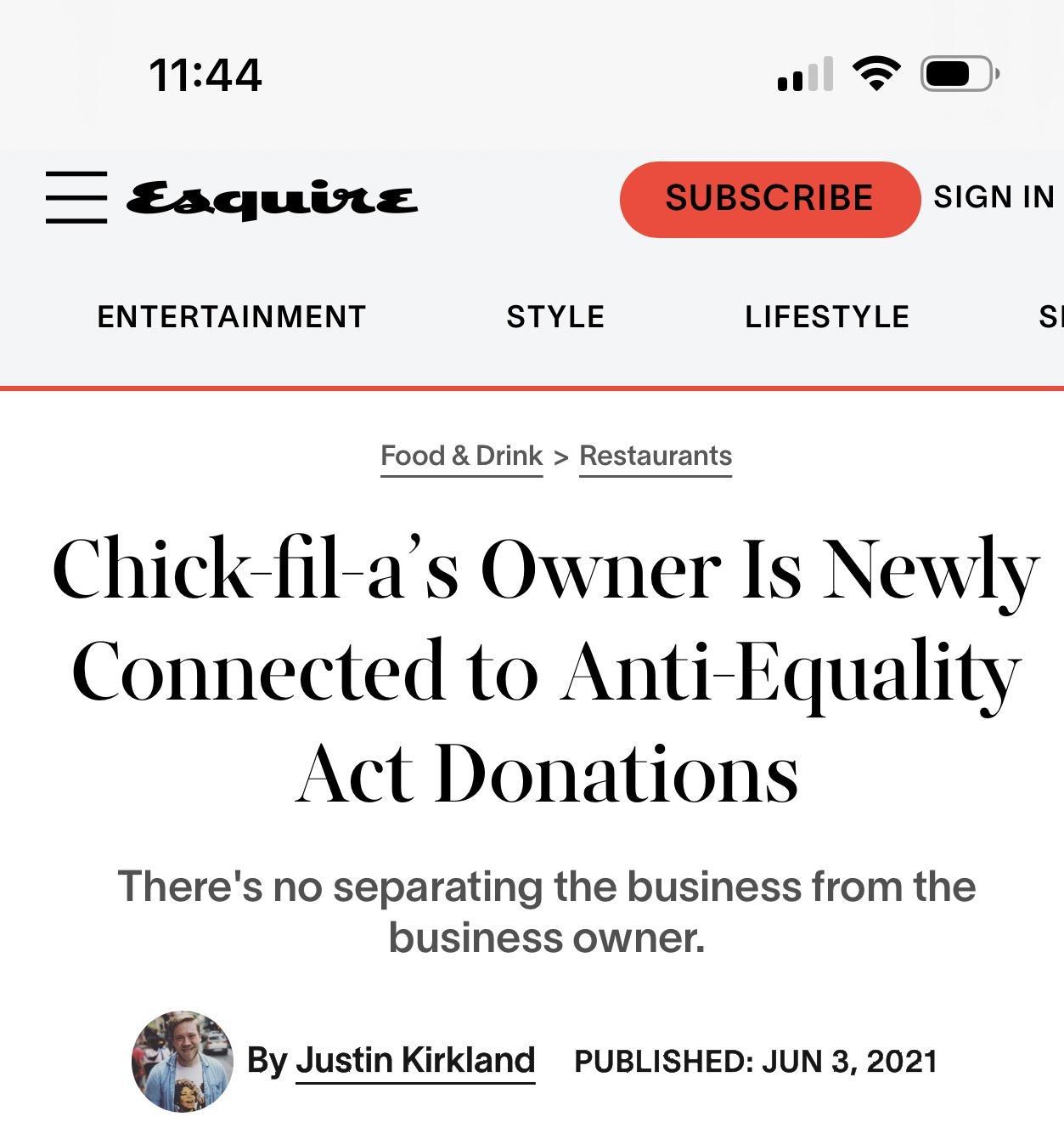 1144 w T Eaquins SIGNIN ENTERTAINMENT STYLE LIFESTYLE s Chiclfil as Owner Is Newly Connected to Anti Equality Act Donations Theres no separating the business from the business owner By Justin Kirkland PUBLISHED JUN 3 2021