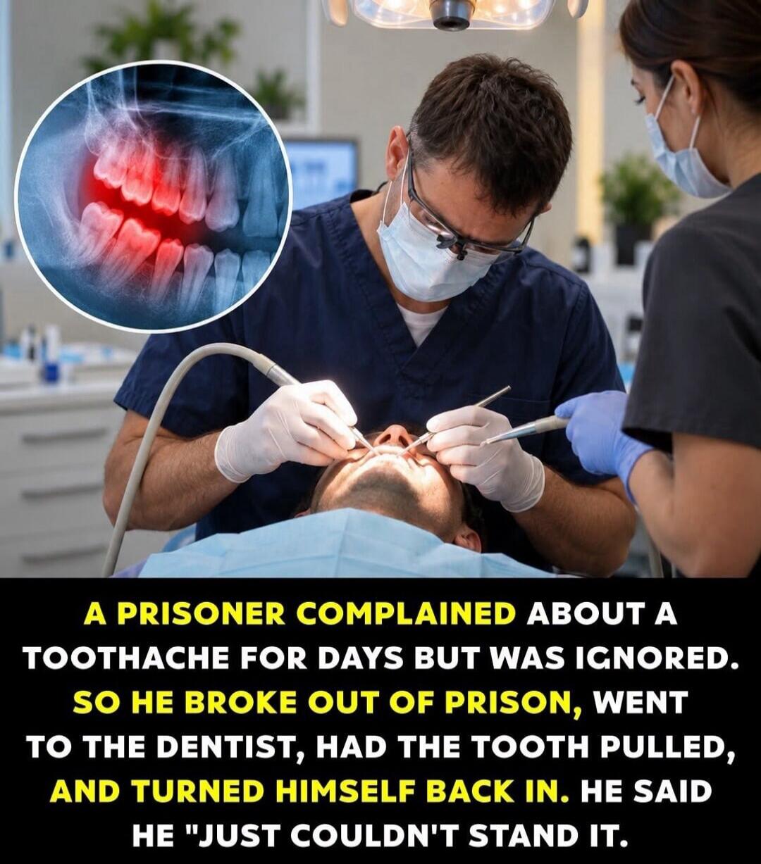 A PRISONER COMPLAINED ABOUT A TOOTHACHE FOR DAYS BUT WAS IGNORED. SO HE BROKE OUT OF PRISON, WENT TO THE DENTIST, HAD THE TOOTH PULLED, AND TURNED HIMSELF BACK IN. HE SAID HE 