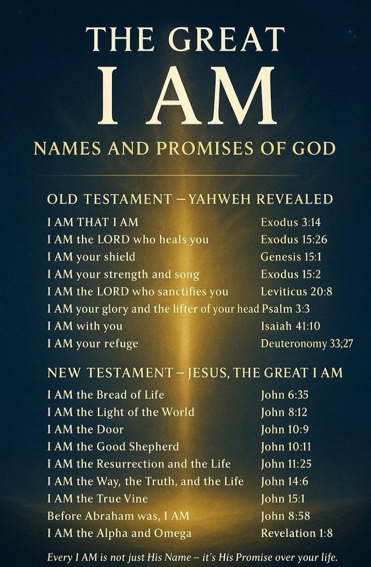THE GREAT I AM NAMES AND PROMISES OF GOD OLD TESTAMENT – YAHWEH REVEALED I AM THAT I AM Exodus 3:14 I AM the LORD who heals you Exodus 15:26 I AM your shield Genesis 15:1 I AM your strength and song Exodus 15:2 I AM the LORD who sanctifies you Leviticus 20:8 I AM your glory and the lifter of your head Psalm 3:3 I AM with you Isaiah 41:10 I AM your 