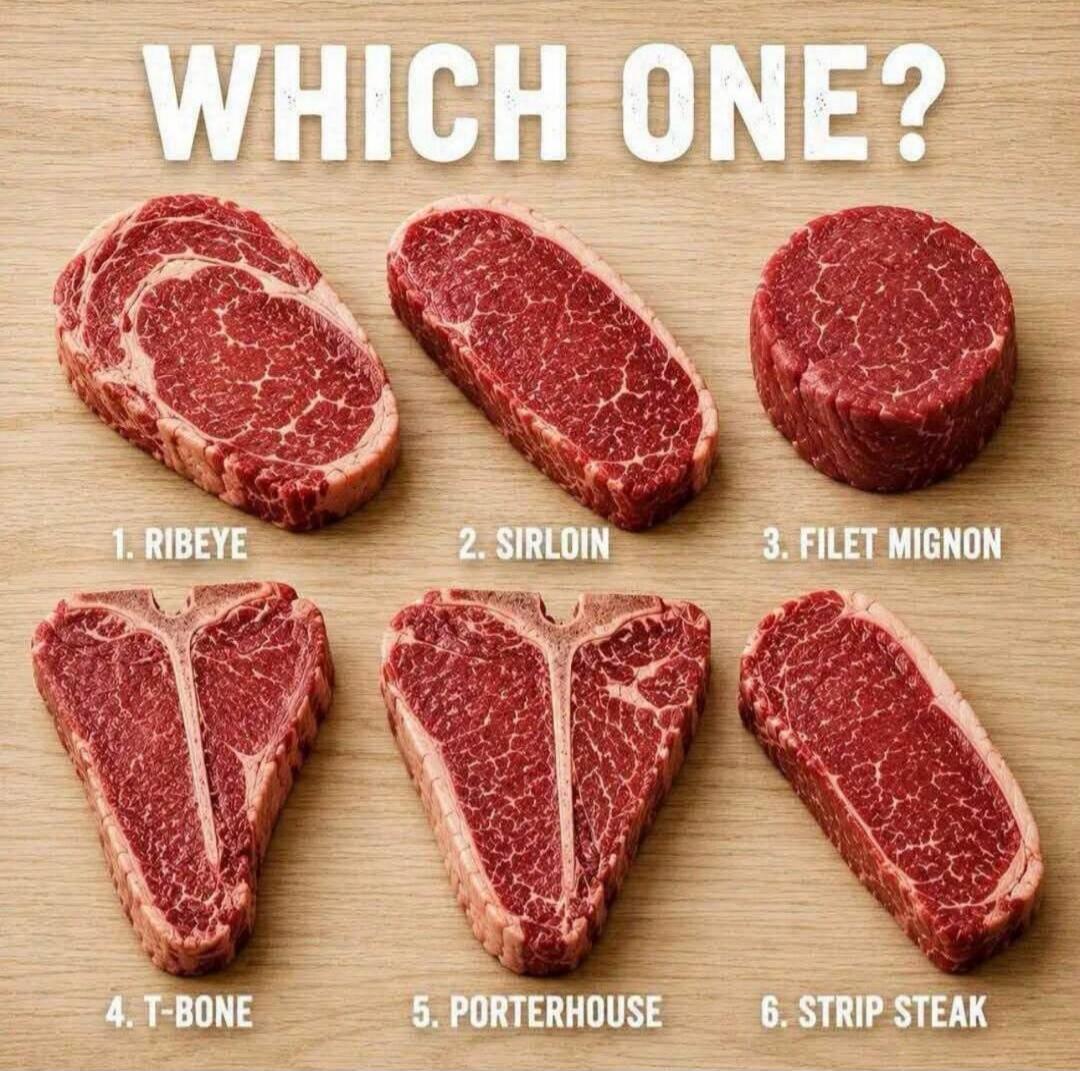 WHICH ONE? 1. RIBEYE 2. SIRLOIN 3. FILET MIGNON 4. T-BONE 5. PORTERHOUSE 6. STRIP STEAK