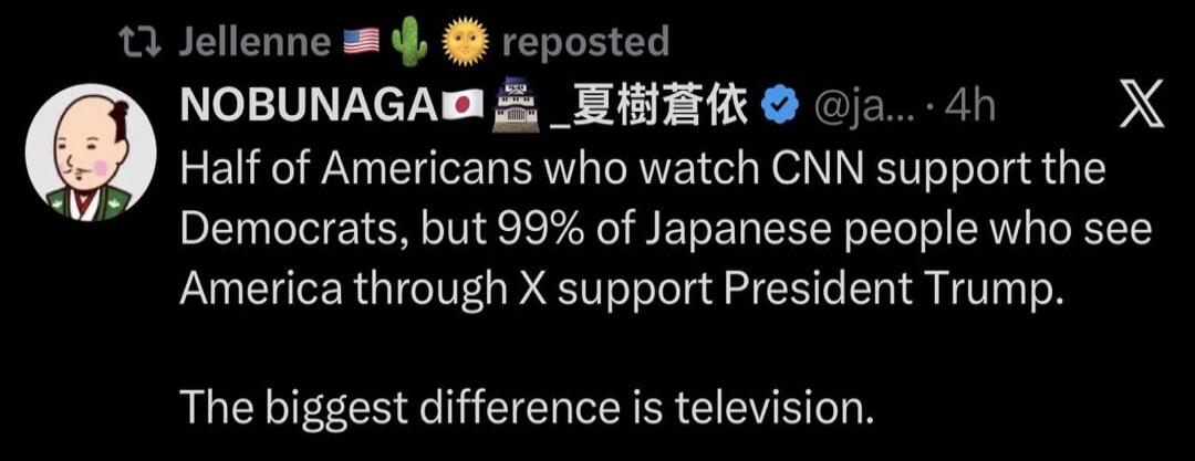 Jellenne reposted. NOBUNAGA. Half of Americans who watch CNN support the Democrats, but 99% of Japanese people who see America through X support President Trump. The biggest difference is television.
