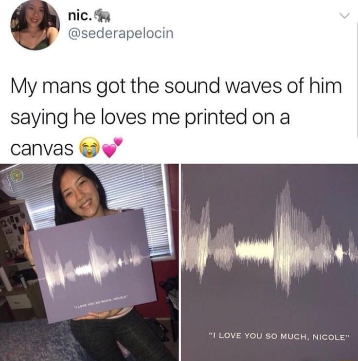 My mans got the sound waves of him saying he loves me printed on a canvas 😭💞

I LOVE YOU SO MUCH, NICOLE