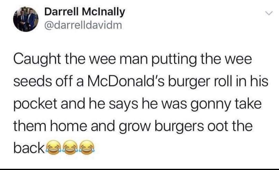 Darrell Mclnally darrelldavidm Caught the wee man putting the wee seeds off a McDonalds burger roll in his pocket and he says he was gonny take them home and grow burgers oot the backee