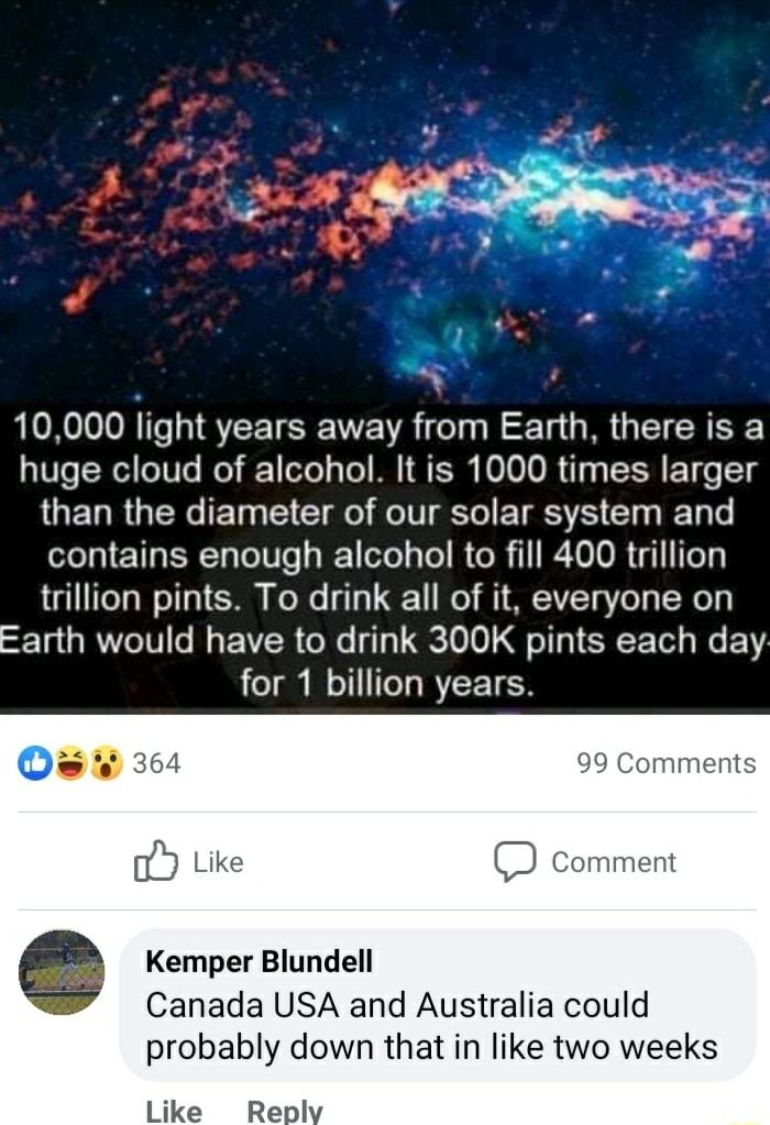 Y N v N Y e R o _ 10000 light years away from Earth there is a WTeXe oT0Ts lo 1 o7 s To M TSR N0 O10 R s ET o T TGER TN F10a 5 CTalle feTV Yol TSN 1y g Ty lo eTelgl T SN ToToTUle o WE1oTe s Te R ol 1 R X0 O R g ToTy o TeTaW o131 3 Ko Xe a 1 ol M1V7Tg ol Lo Tyl Earth would have to drink 300K pints each day for 1 billion years Qe 364 99 Comments Like Q Comment g Kemper Blundell Canada USA and Austra