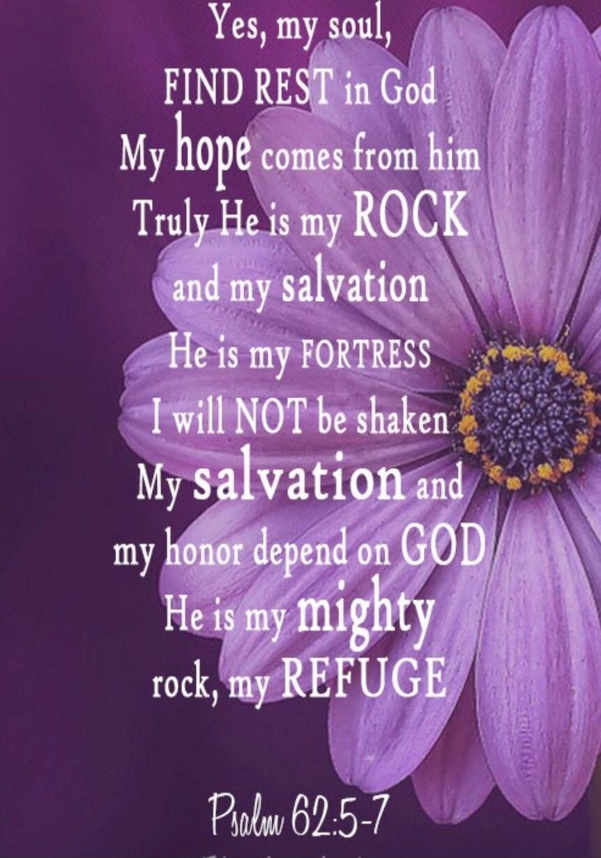 Yes, my soul, FIND REST in God My hope comes from him Truly He is my ROCK and my salvation He is my FORTRESS I will NOT be shaken My salvation and my honor depend on GOD He is my mighty rock, my REFUGE Psalm 62:5-7