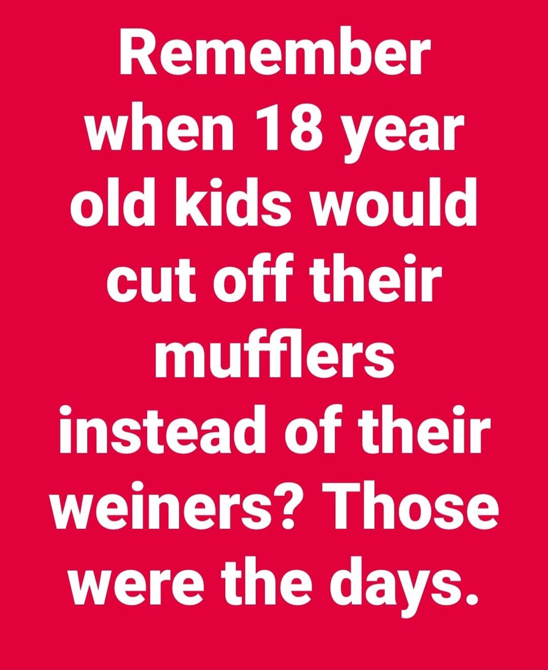 Remember when 18 year old kids would cut off their mufflers instead of their weiners? Those were the days.