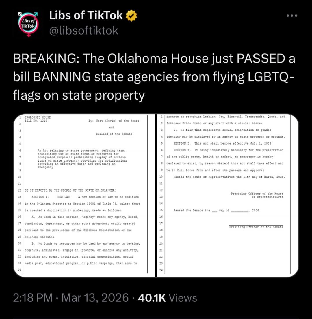 BREAKING: The Oklahoma House just PASSED a bill BANNING state agencies from flying LGBTQ- flags on state property