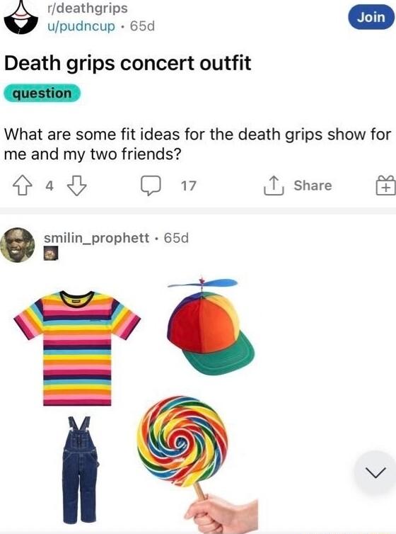 rdeathgrips upudncup 65d Death grips concert outfit question What are some fit ideas for the death grips show for me and my two friends Had Q 7 T share smilin_prophett 65 B l