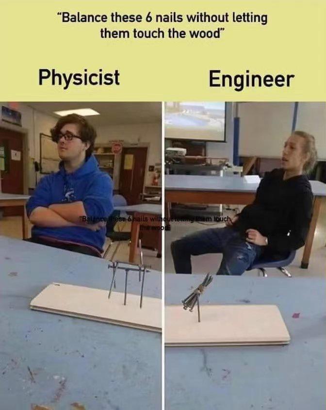 Balance these 6 nails without letting them touch the wood Physicist Engineer