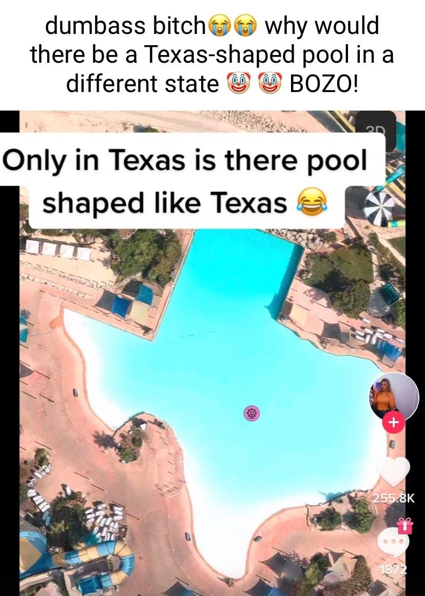 dumbass bitch why would there be a Texas shaped pool in a different state BOZO SR TR Only in Texas is there pool shaped like Texas g 3 AN