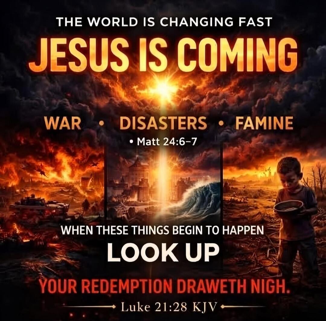 THE WORLD IS CHANGING FAST
JESUS IS COMING
WAR • DISASTERS • FAMINE
• Matt 24:6-7
WHEN THESE THINGS BEGIN TO HAPPEN
LOOK UP
YOUR REDEMPTION DRAWETH NIGH.
→ Luke 21:28 KJV ←
