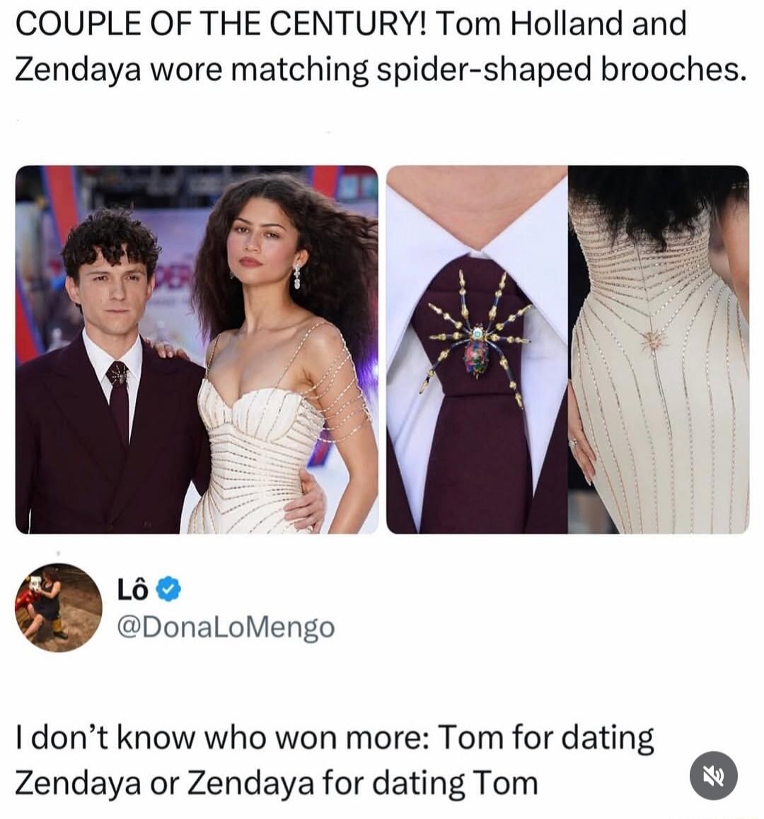 COUPLE OF THE CENTURY! Tom Holland and Zendaya wore matching spider-shaped brooches. I don't know who won more: Tom for dating Zendaya or Zendaya for dating Tom
