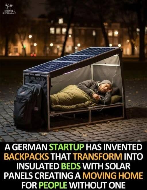 A GERMAN STARTUP HAS INVENTED BACKPACKS THAT TRANSFORM INTO INSULATED BEDS WITH SOLAR PANELS CREATING A MOVING HOME FOR PEOPLE WITHOUT ONE