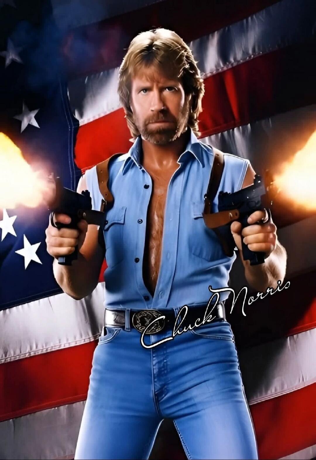 Chuck Norris signature with image of a macho man holding dual pistols in front of an American flag.