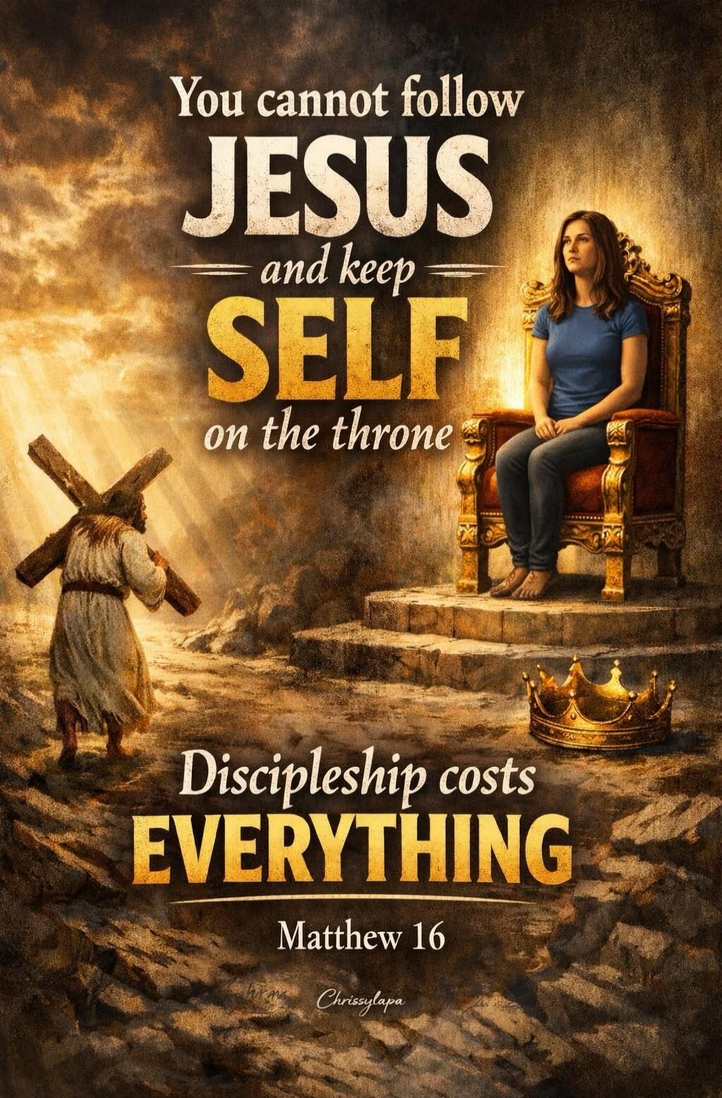 You cannot follow JESUS and keep SELF on the throne Discipleship costs EVERYTHING Matthew 16 Chrissylapa