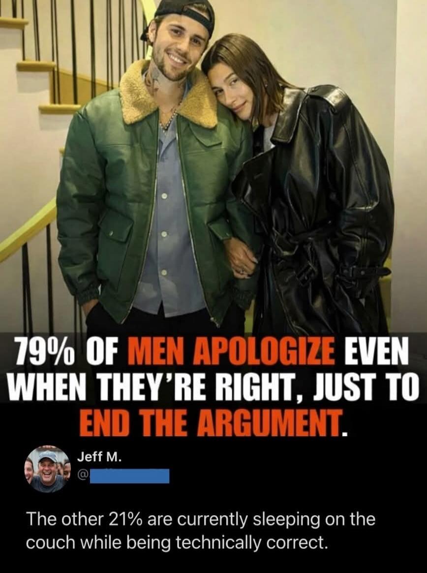 79% OF MEN APOLOGIZE EVEN WHEN THEY'RE RIGHT, JUST TO END THE ARGUMENT. Jeff M. The other 21% are currently sleeping on the couch while being technically correct.