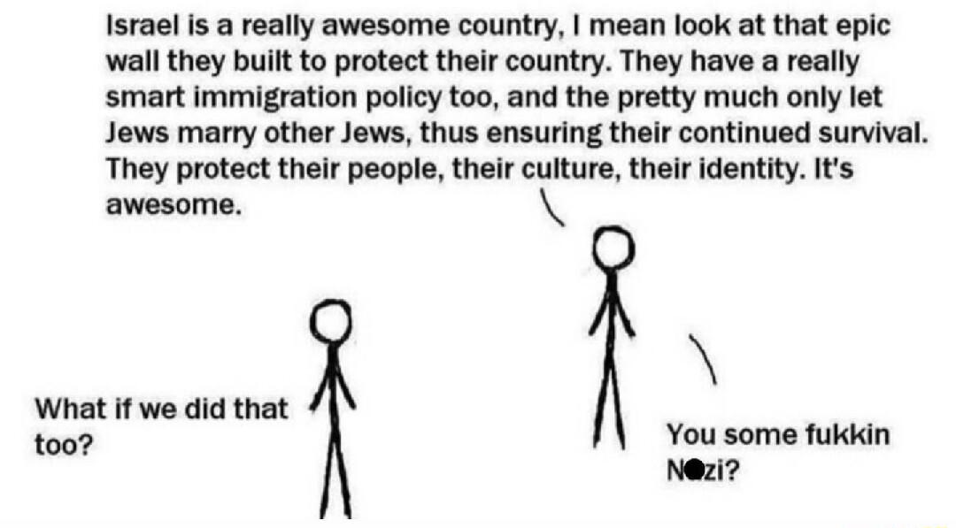 Israel is a really awesome country mean look at that epic wall they built to protect their country They have a really smart immigration policy too and the pretty much only let Jews marry other Jews thus ensuring their continued survival They protect their people their culture their identity Its awesome You some fukkin Nezi What if we did that too