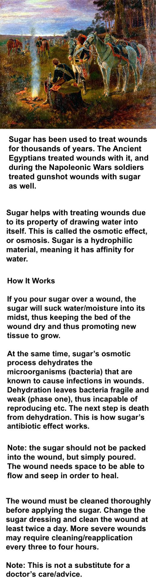 Sugar has been used to treat wounds for thousands of years The Ancient Egyptians treated wounds with it and during the Napoleonic Wars soldiers treated gunshot wounds with sugar as well Sugar helps with treating wounds due to its property of drawing water into itself This is called the osmotic effect or osmosis Sugar is a hydrophilic material meaning it has affinity for water How It Works If you p