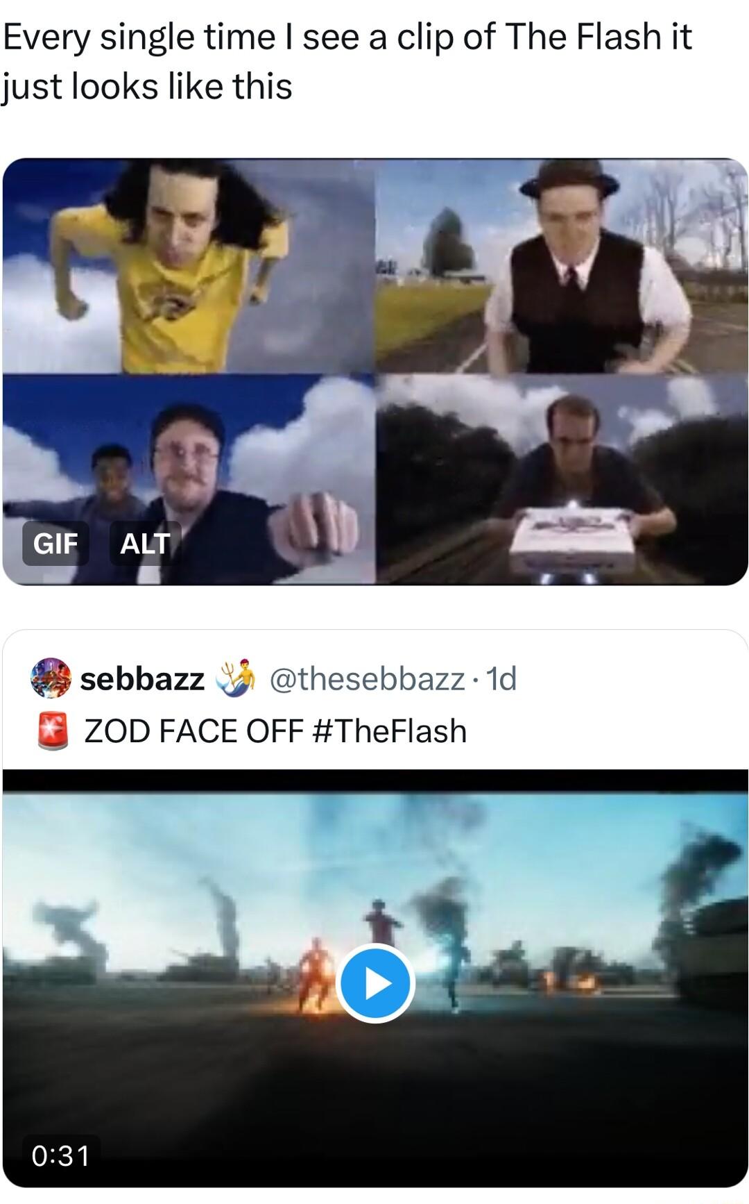 Every single time see a clip of The Flash it just looks like this GIF sebbazz j thesebbazz 1d u ZOD FACE OFF TheFlash L e 4
