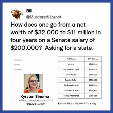 Bill MurderedHornet How does one go from a net worth of 32000 to 11 million in four years on a Senate salary of 200000 Asking for a state Kyrsan Siwna N Worl Scnary