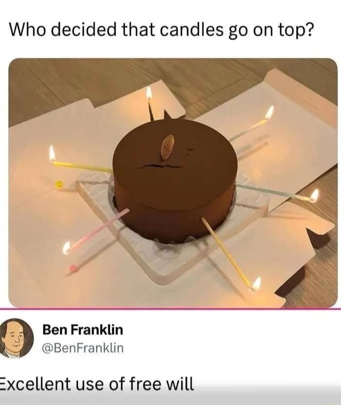 Who decided that candles go on top? Ben Franklin @BenFranklin Excellent use of free will