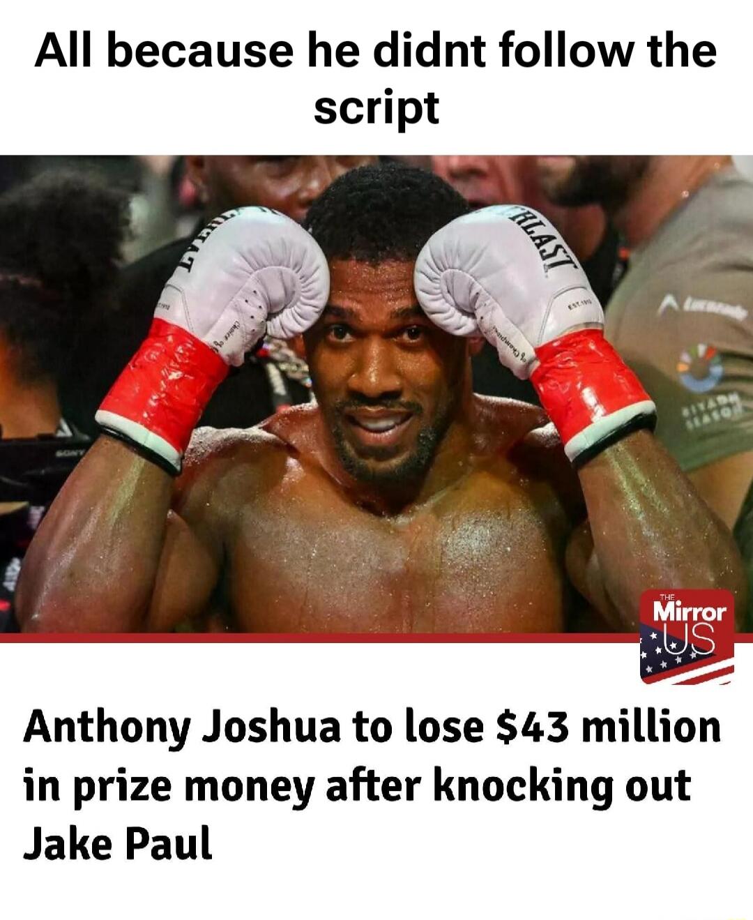 All because he didn't follow the script

Anthony Joshua to lose $43 million in prize money after knocking out Jake Paul