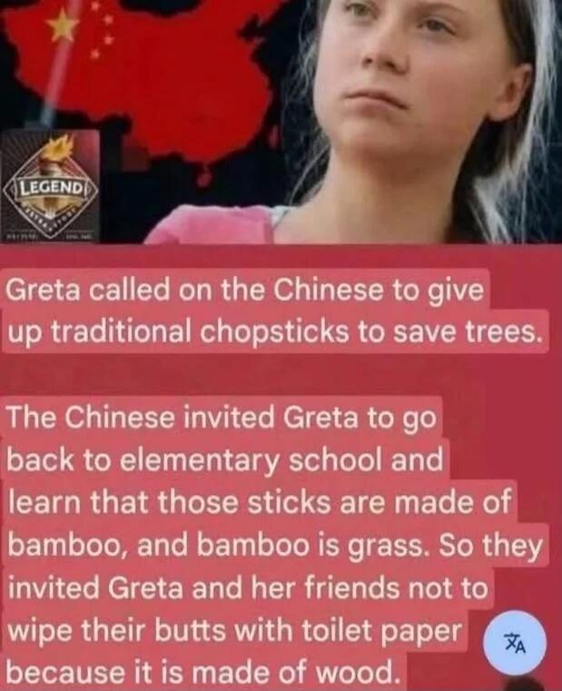 Greta called on the Chinese to give up traditional chopsticks to save trees. The Chinese invited Greta to go back to elementary school and learn that those sticks are made of bamboo, and bamboo is grass. So they invited Greta and her friends not to wipe their butts with toilet paper because it is made of wood.