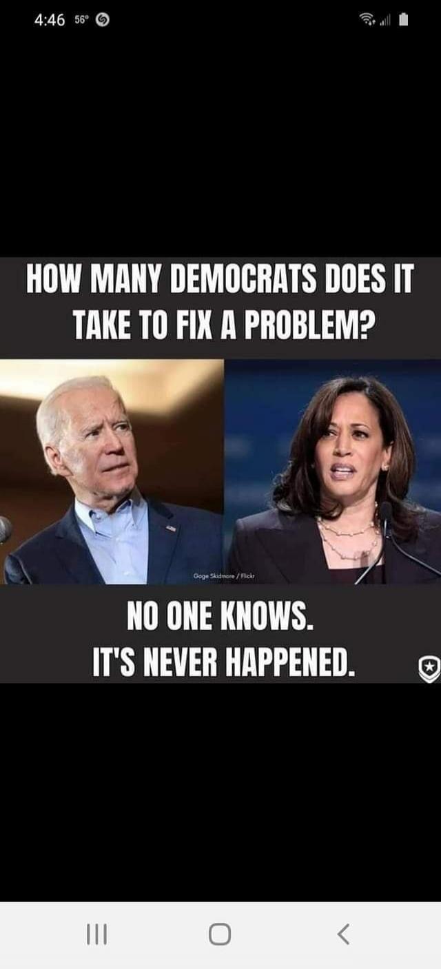 HOW MANY DEMOCRATS DOES IT TAKE TO FIX A PROBLEM?
NO ONE KNOWS.
IT'S NEVER HAPPENED.