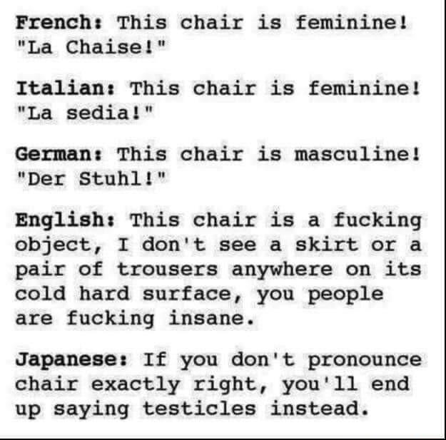 French This chair is feminine La Chaise Italian This chair is feminine La sedial German This chair is masculine Der Stuhl English This chair is a fucking object I dont see a skirt or a pair of trousers anywhere on its cold hard surface you people are fucking insane Japanese If you dont pronounce chair exactly right youll end up saying testicles instead