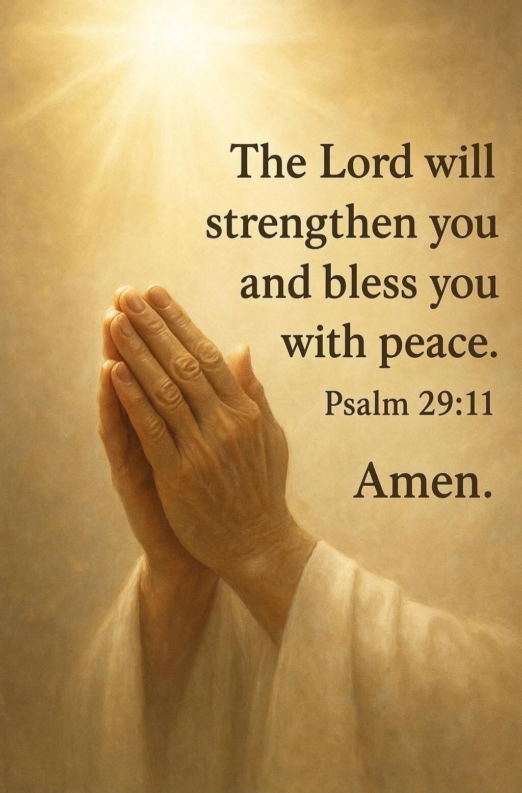The Lord will strengthen you and bless you with peace. Psalm 29:11 Amen.