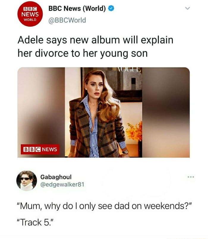 BBC News World BBCWorld Adele says new album will explain her divorce to her young son Gabaghoul S edgewalker81 Mum why do only see dad on weekends Track 5