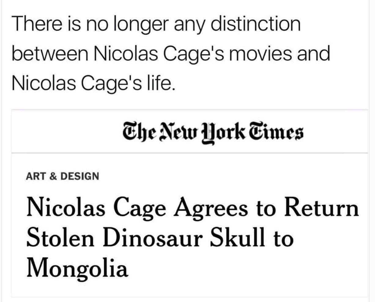 There is no longer any distinction between Nicolas Cages movies and Nicolas Cages life Ehe New YJork Eimes ART DESIGN Nicolas Cage Agrees to Return Stolen Dinosaur Skull to Mongolia