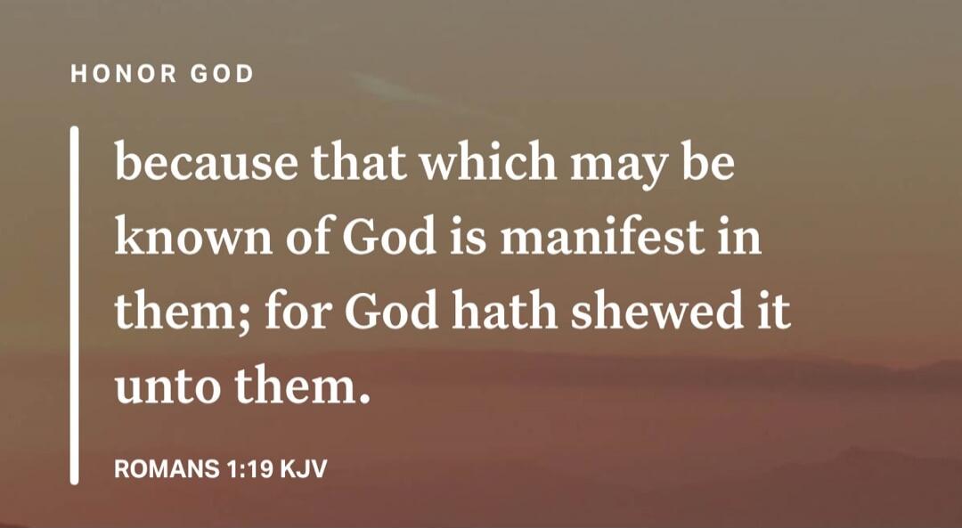 HONOR GOD because that which may be known of God is manifest in them; for God hath shewed it unto them. ROMANS 1:19 KJV