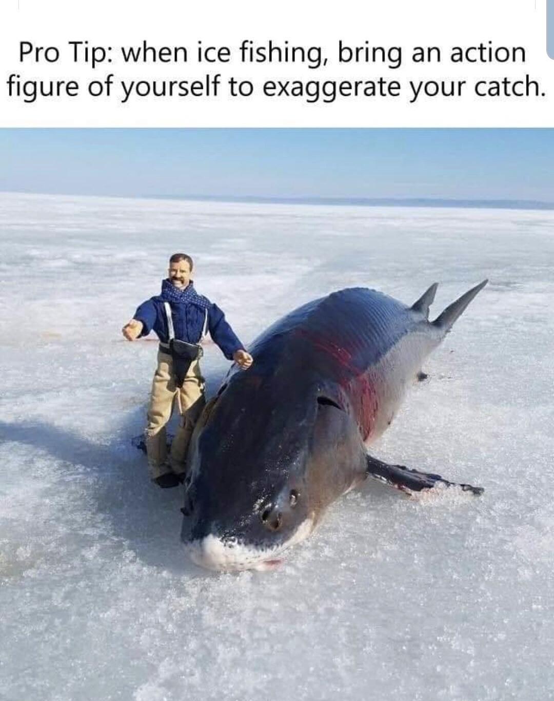 Pro Tip when ice fishing bring an action figure of yourself to exaggerate your catch