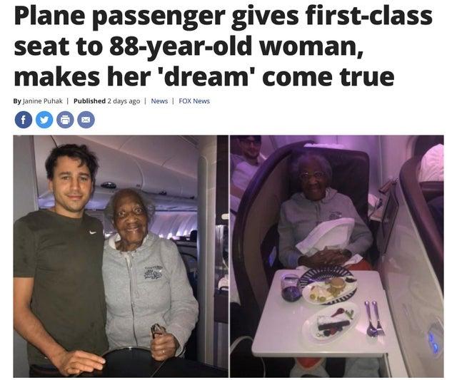 Plane passenger gives first class seat to 88 year old woman makes her dream come true