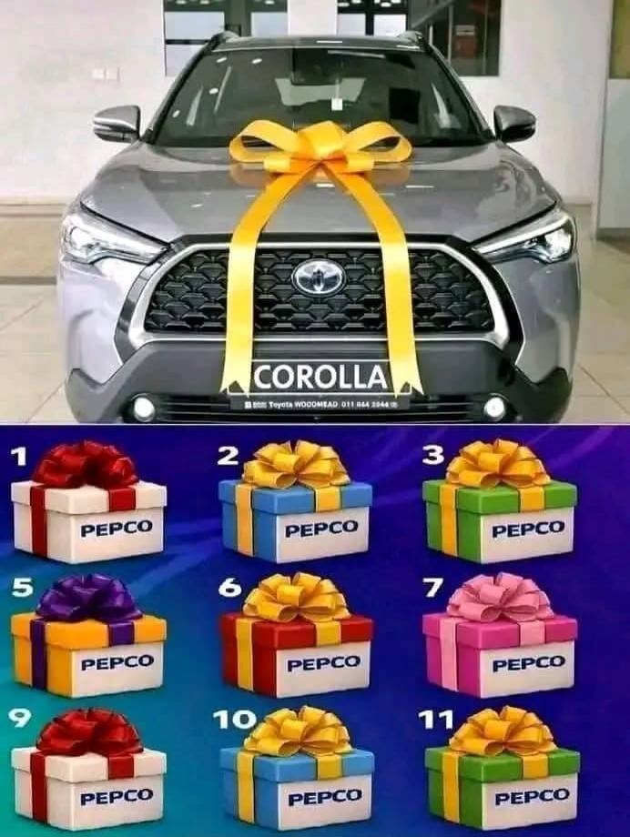 A grey Toyota Corolla car with a large yellow bow on the hood. The license plate shows 'COROLLA' and 'Toyota WOODMEAD 011 844 3344'. Below the car, there are several numbered gift boxes, each labeled 'PEPCO' and adorned with different colored ribbons. The numbers visible are 1, 2, 3, 5, 6, 7, 9, 10, 11.