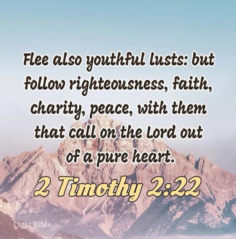 Flee also youthful lusts: but follow righteousness, faith, charity, peace, with them that call on the Lord out of a pure heart. 2 Timothy 2:22 Light Bible