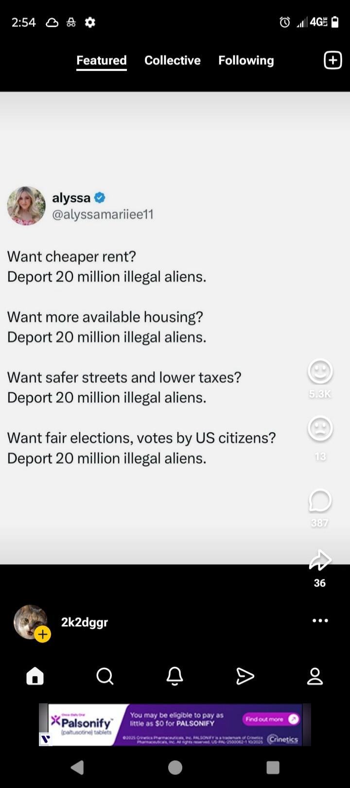 Want cheaper rent? Deport 20 million illegal aliens. Want more available housing? Deport 20 million illegal aliens. Want safer streets and lower taxes? Deport 20 million illegal aliens. Want fair elections, votes by US citizens? Deport 20 million illegal aliens.